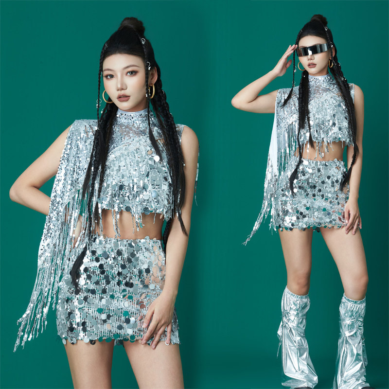 会年演出服成人拉丁舞模特潮服T台走秀亮片银色流苏披肩车模舞台