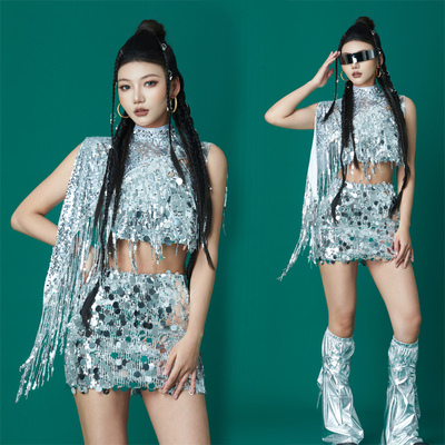 会年演出服成人拉丁舞模特潮服T台走秀亮片银色流苏披肩车模舞台