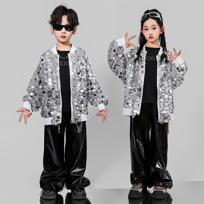 秋款少儿街舞亮片皮裤演出男嘻哈炸街套装女童hiphop爵士舞蹈服