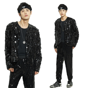 新款韩国男团租赁服酒吧主持人男式爵士舞韩舞蹈成人亮片表演出服