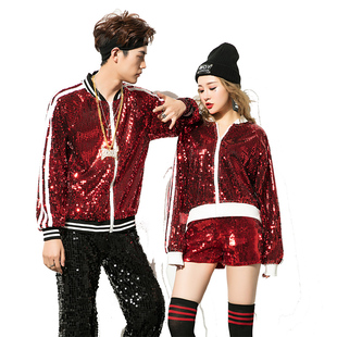 新款DS街舞嘻哈长袖亮片演出服宽松男装现代舞爵士舞蹈外套表演服