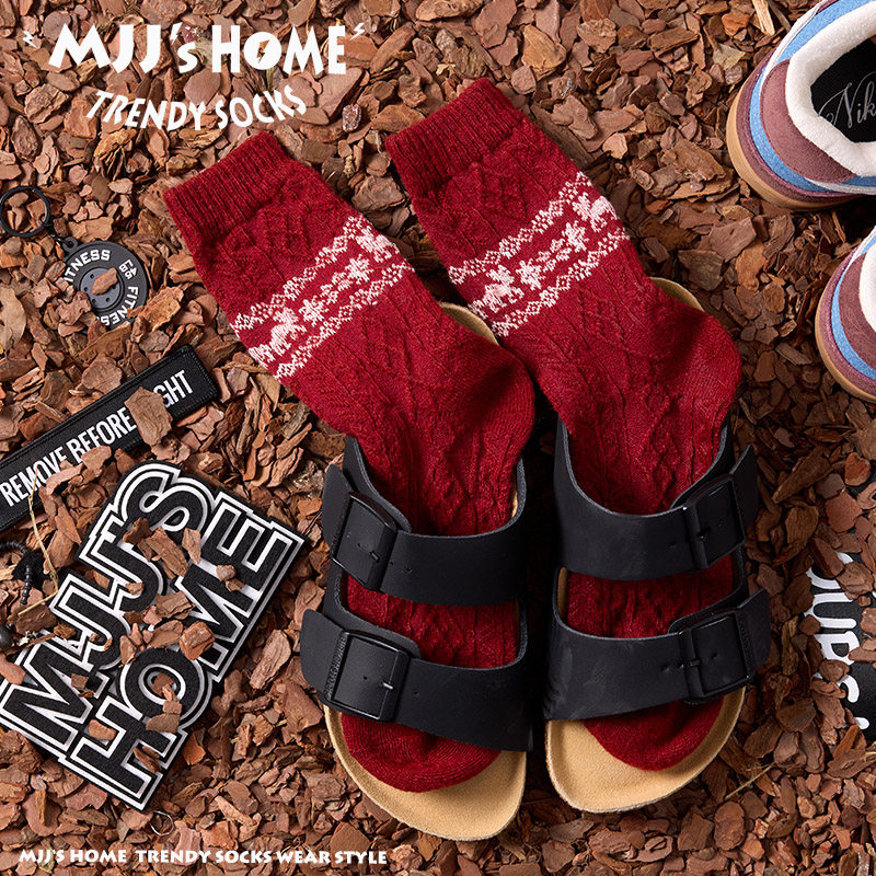 麻花纹理复古麋鹿袜子男款长袜纯棉情侣本命年红色圣诞中筒袜女潮