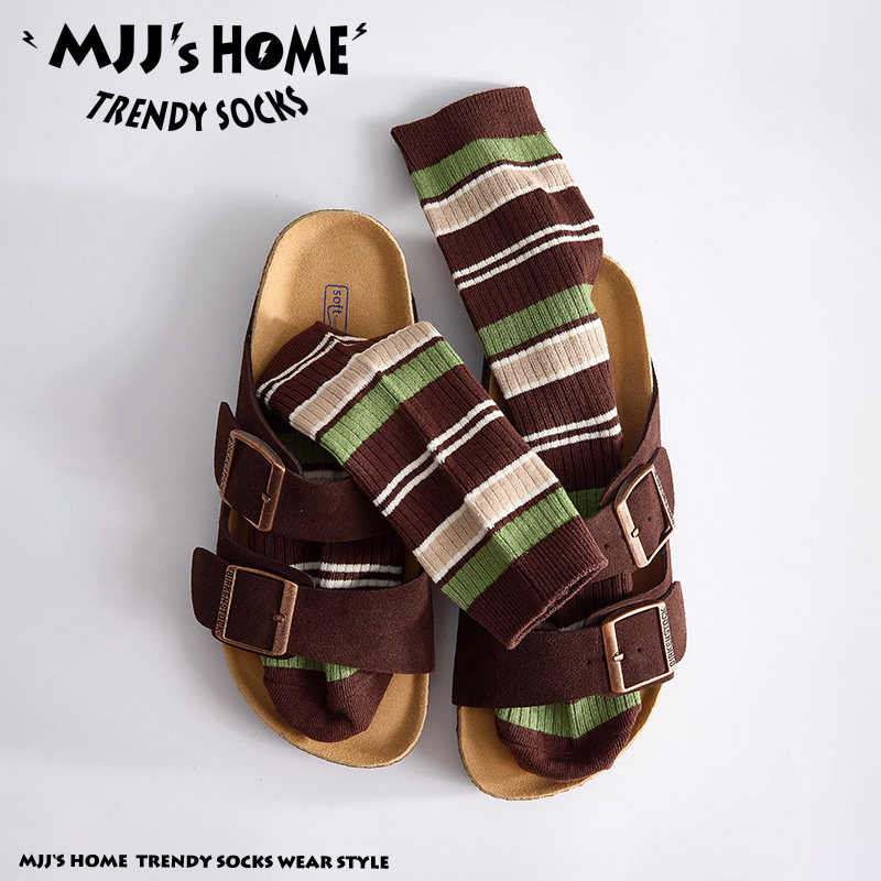 日系复古棕绿条纹袜子男款长袜夏季薄款纯棉中筒袜女ins潮运动袜