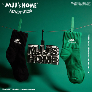 短筒运动袜 纯棉短袜女潮男士 潮牌绿色刺绣袜子男中筒袜春夏季 薄款