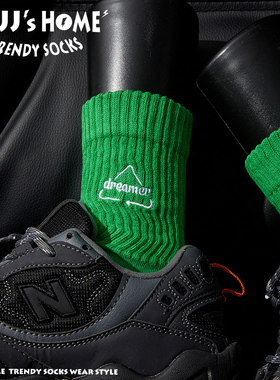 潮牌绿色刺绣字母袜子男长袜秋季青少年纯棉中筒袜女潮男士运动袜