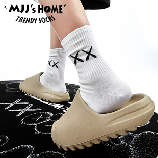 潮牌配拖鞋外穿白色袜子男款长袜夏季薄款纯棉中筒袜女潮流运动袜