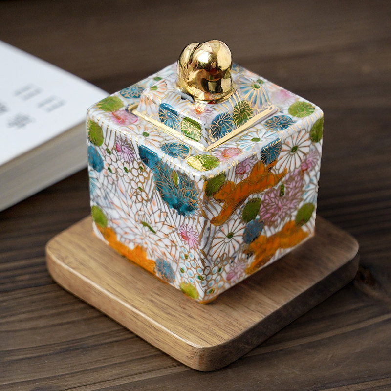 日本九谷烧小香炉 粉彩金花诘茶道熏香炉 轻奢高颜值文玩陶瓷摆件