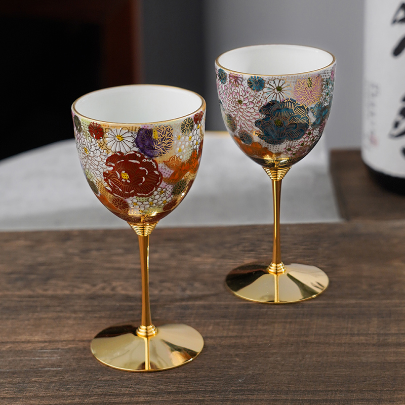 九谷烧金锦繁花陶瓷高脚杯