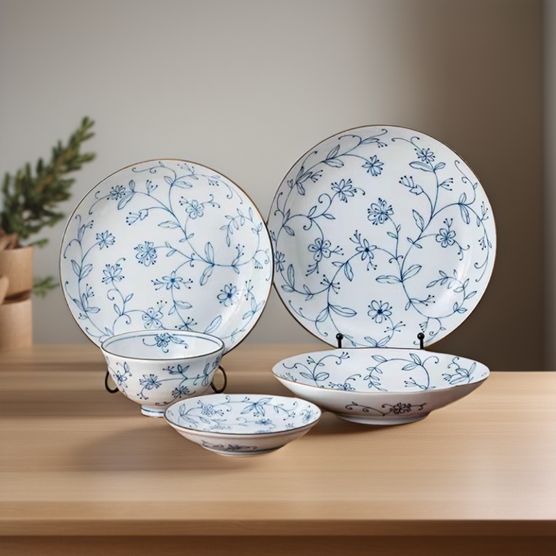 美浓烧日式进口釉下彩染付新芽餐具菜盘米饭碗家用陶瓷清新碗盘