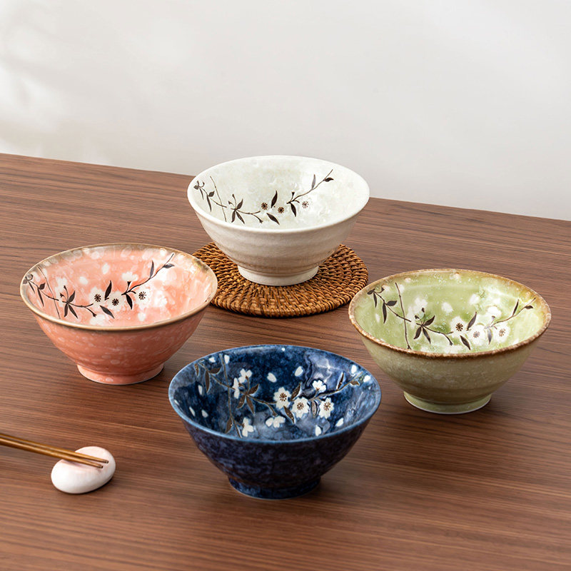 美浓烧日式早春米饭碗5个装釉下陶瓷小碗圆盘咖喱盘家用餐具套装