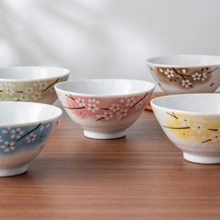 美浓烧五彩樱花陶瓷小碗五件日式 清新米饭碗家用釉下餐具套装