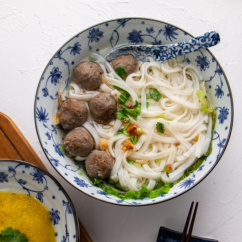 美浓烧8英寸釉下彩青花日式家用沙拉碗单个陶瓷汤碗高脚防烫面碗