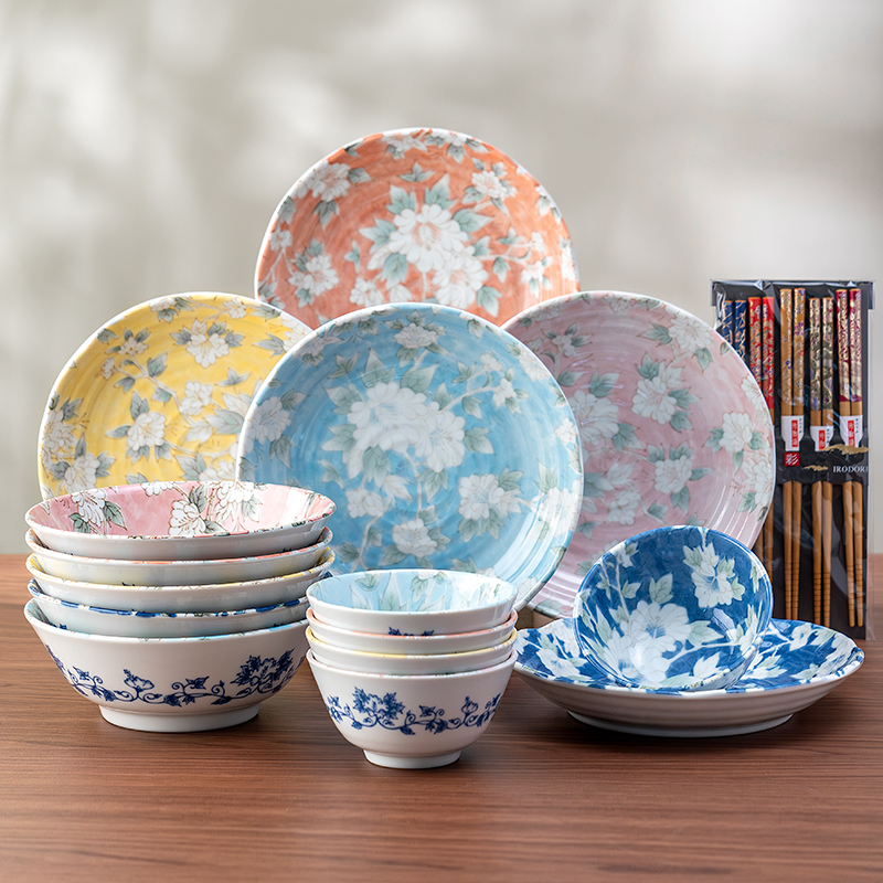 美浓烧日式进口釉下彩木槿花陶瓷饭碗盘套装小清新家用送礼餐具