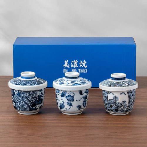 美浓烧日式青花3英寸炖盅带盖碗燕窝盅进口釉下彩家用餐具三件套