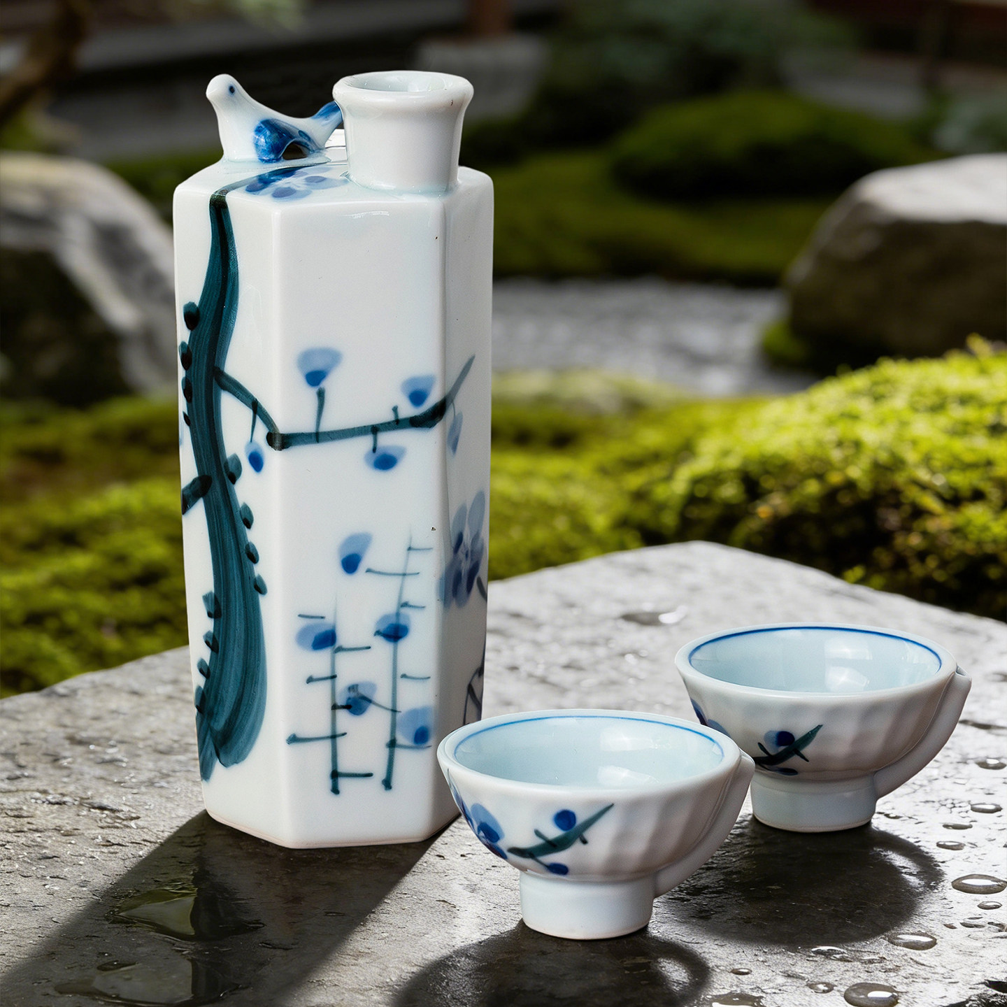 美浓烧日本进口手绘鸟趣酒具三件套陶瓷清酒壶白酒酒杯套件