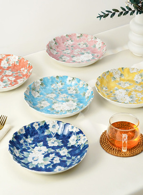 MinoYaki 美浓烧木槿花17/21/22CM陶瓷盘子 原创设计釉下彩菜碟