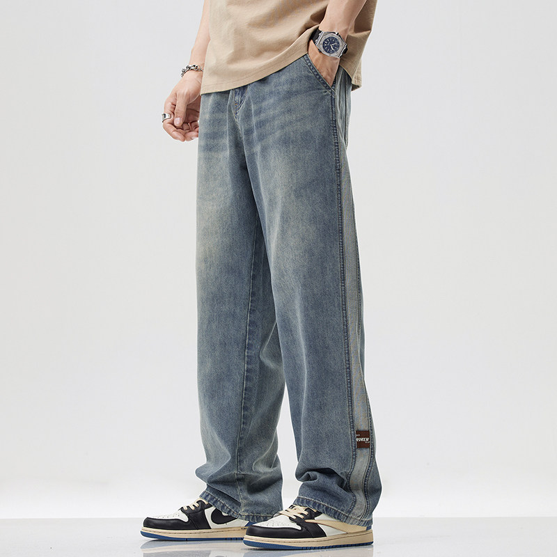 URSBOB直筒牛仔裤时尚潮牌百搭休闲阔腿裤男春季新款复古运动长裤,男装,牛仔裤,淘宝优惠券,粉丝福利购,淘宝优惠卷