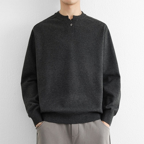 URSBOB男士亨利领套头毛衣时尚百搭冬季新青年长袖针织打底衫上衣