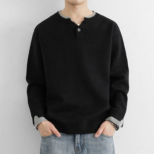 URSBOB男青年加厚长袖针织打底衫上衣冬季新款休闲亨利领套头毛衣