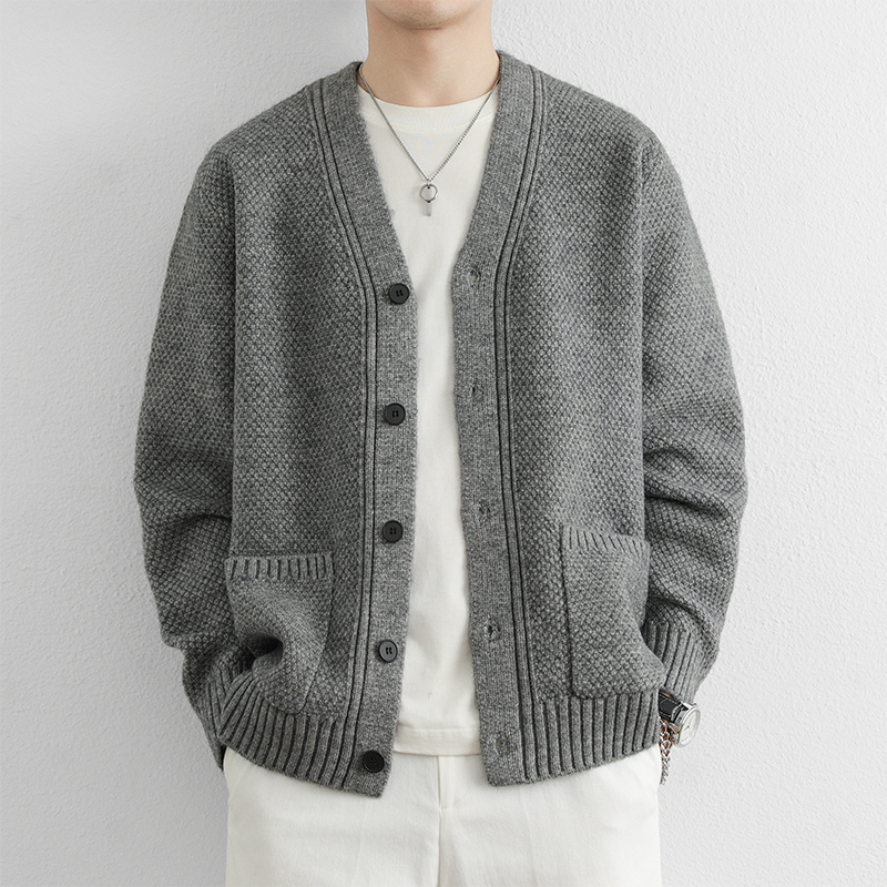 URSBOB休闲长袖青年外套保暖毛衣上衣秋冬新款男V领针织开衫百搭