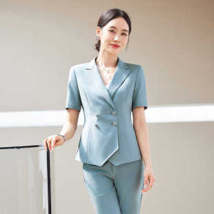 女夏季 蓝色西装 气质女神范主持人正装 减龄短袖 套裙 OL时尚 职业套装