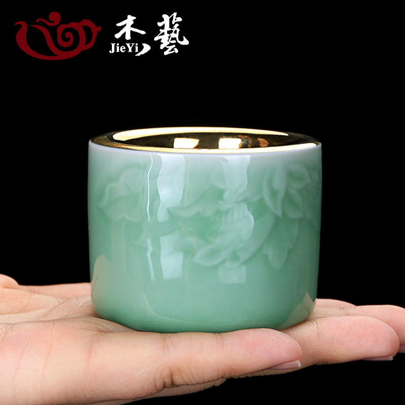 茶杯青瓷鎏金扳指杯家用茶盏单杯陶瓷功夫茶主人杯个人专用品茗杯