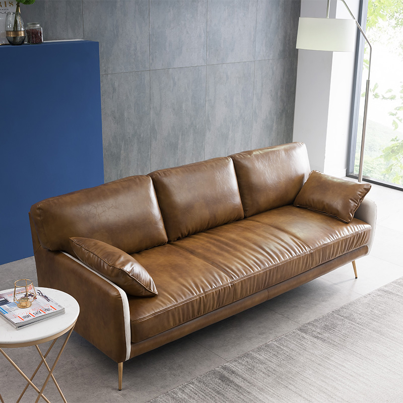 北欧轻奢后现代工业风复古小户型头层牛皮极简双人三人位真皮沙发