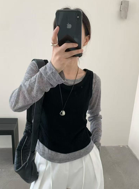 eter简约长袖T恤女两件套2025秋新款韩版显瘦内搭打底上衣dau1810