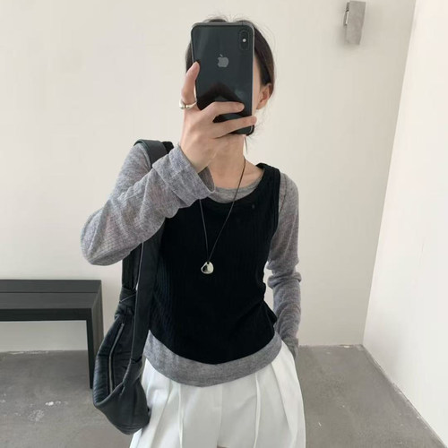 eter简约长袖T恤女两件套2026秋新款韩版显瘦内搭打底上衣dau1810