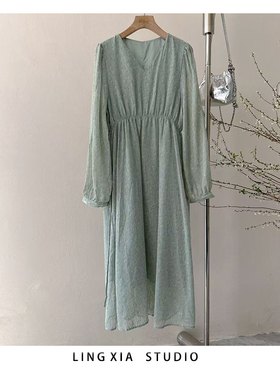 eter显瘦V领连衣裙女收腰雪纺长裙2025春夏新款度假碎花裙W241130