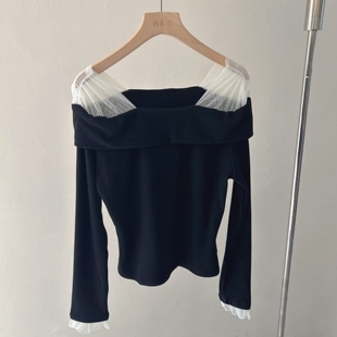 QSONETWO韩系温柔一字肩拼接网纱气质氛围感百搭打底衫女内搭上衣