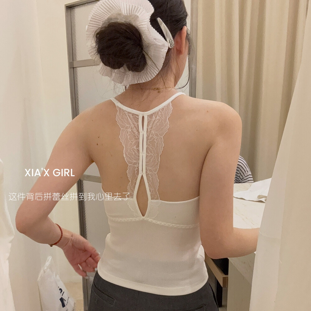 夏夏胸垫一体吊带背心女性感后背蕾丝设计感螺纹棉外穿上衣春夏