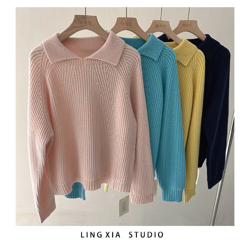 翻领全羊毛针织衫女设计感百搭显瘦超好看韩版宽松毛衣内搭糖果色