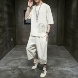 Футболка с коротким рукавом, летний тонкий хлопковый комплект, китайский стиль, большой размер, с вышивкой, из хлопка и льна