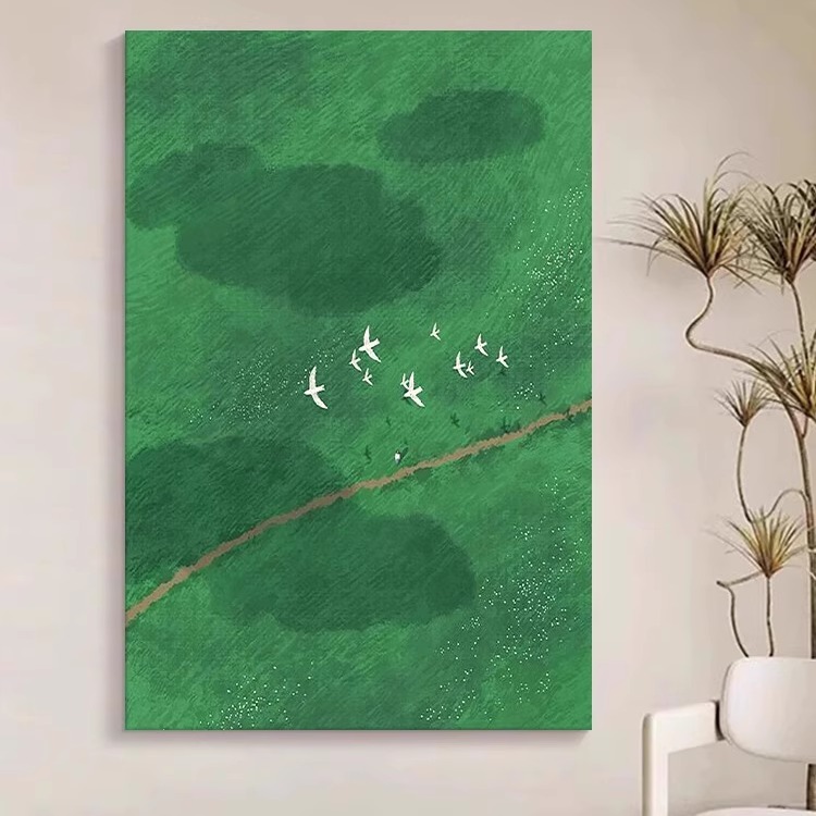 草原风景纯手绘油画玄关装饰画客厅抽象飞鸟绿色小众艺术走廊挂画图片