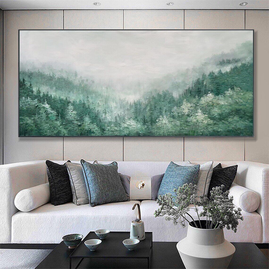 大芬村手绘油画绿色抽象森林风景客厅装饰画办公轻奢背有靠山挂画