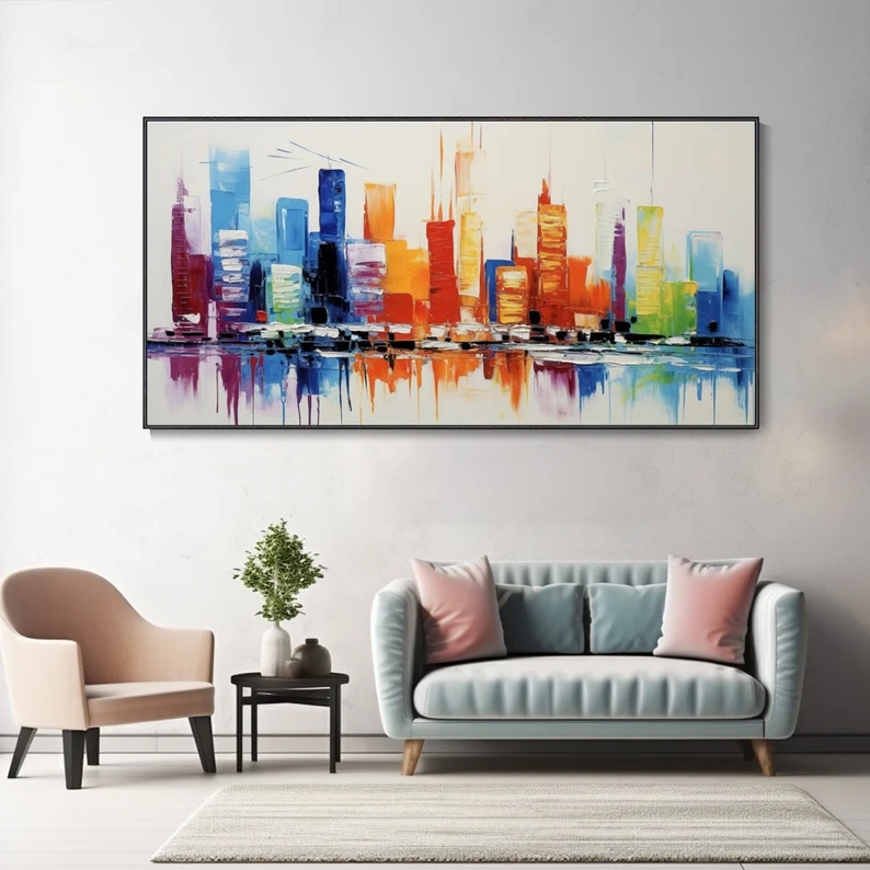 大芬村纯手绘油画抽象建筑风景肌理感客厅装饰画彩色艺术酒店挂画图片