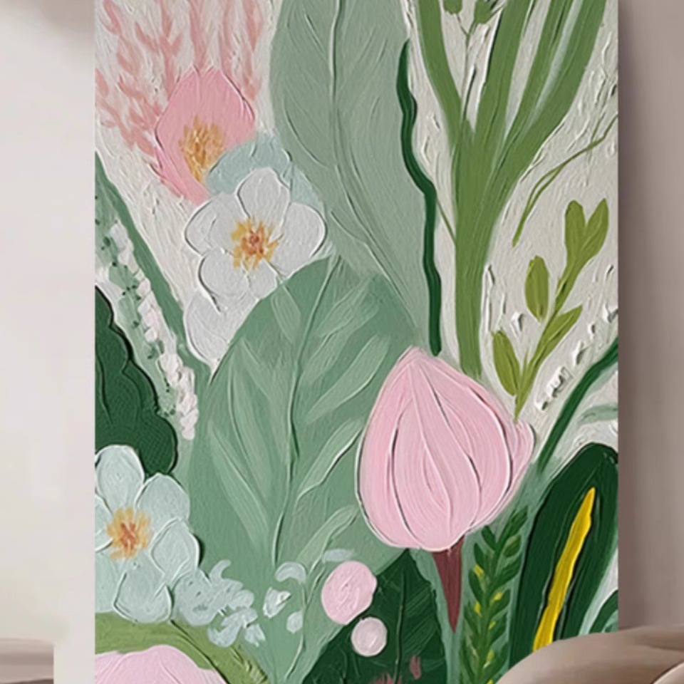 北欧奶油风纯手绘油画玄关装饰画客厅抽象立体肌理画绿色花卉挂画图片