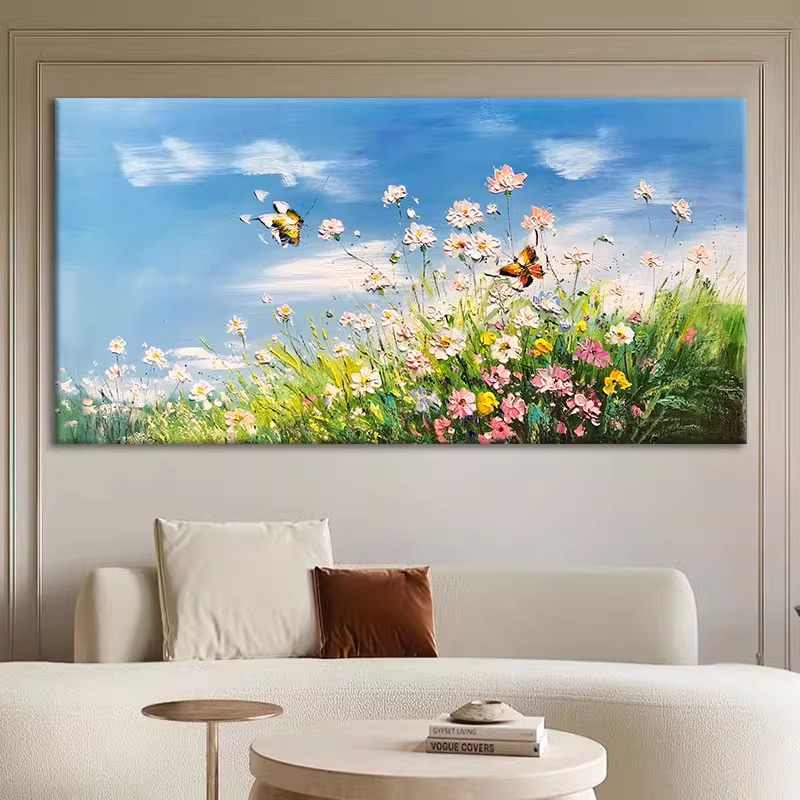 田园花卉风景手绘油画蝴蝶小雏菊装饰画原木风客厅挂画立体肌理画图片