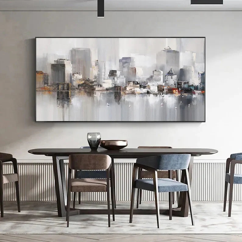 大芬村纯手绘油画抽象城市建筑风景客厅装饰画餐厅办公室书房挂画图片