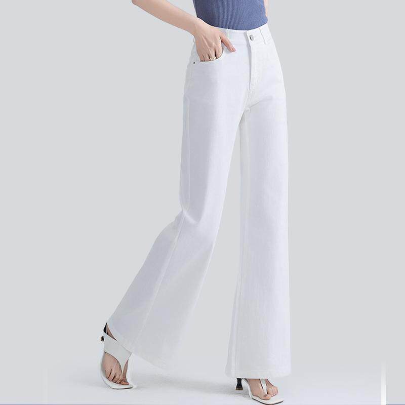 白色棉混纺直筒微喇叭高腰弹力休闲裤OL薄款春夏女裤时装裤通勤裤
