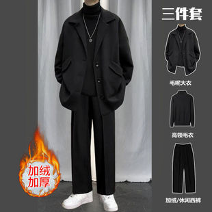 秋冬季休闲加绒套装男毛呢大衣韩版潮流一套搭配冬天休闲衣服裤子