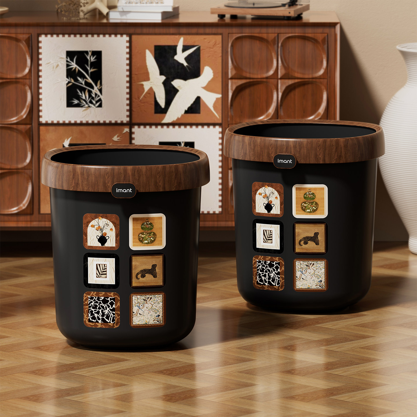 客厅中古风垃圾桶家用2025新款高颜值客厅大号大容量黑色固定压圈