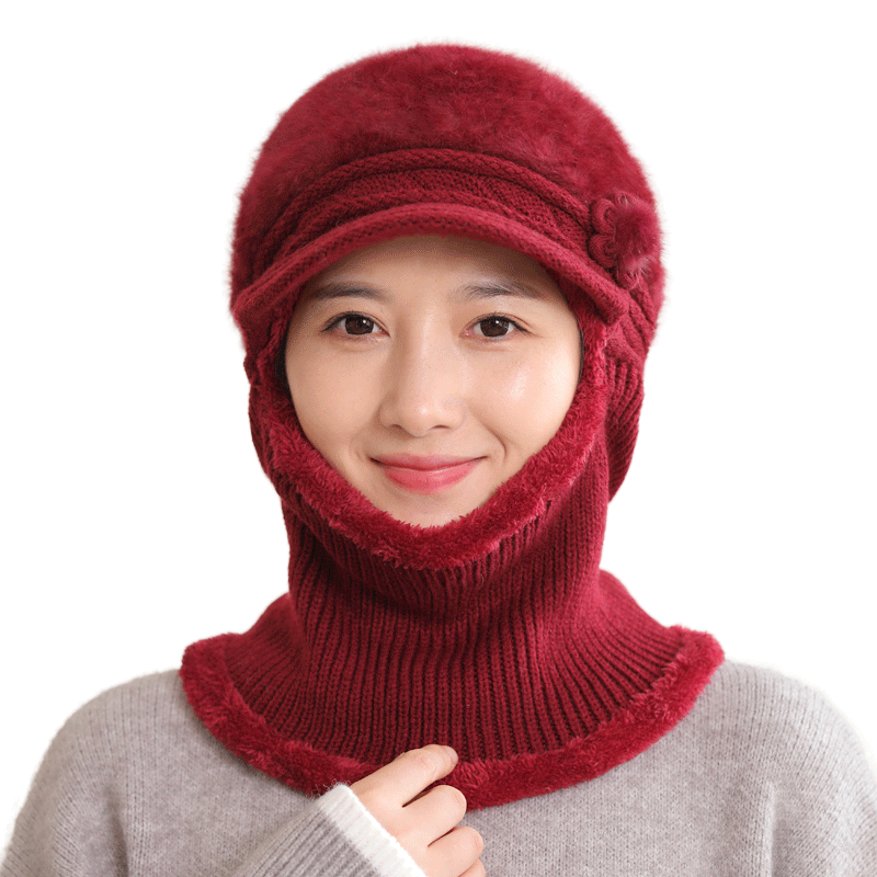 帽子女冬连体帽中老年人妈妈加绒厚毛线帽奶奶骑车保暖防风帽围脖