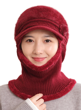 女中老年人连体帽保暖妈妈毛线帽