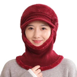 帽子女冬连体帽中老年人妈妈加绒厚毛线帽奶奶骑车保暖防风帽围脖