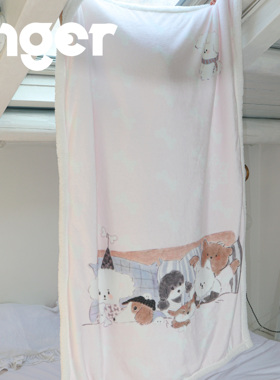 INGER原创粉色潦草小狗法兰绒毯子午睡毯四季懒人披毯床上宿舍毯