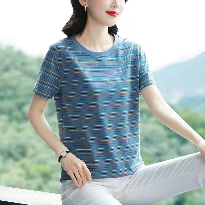 2026年夏季新款条纹t恤短袖女中年妈妈装宽松显瘦体恤纯棉上衣服