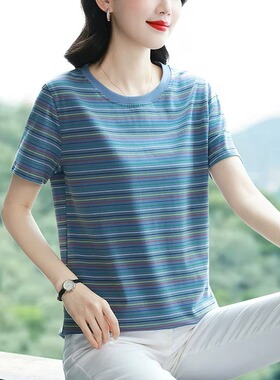 2026年夏季新款条纹t恤短袖女中年妈妈装宽松显瘦体恤纯棉上衣服