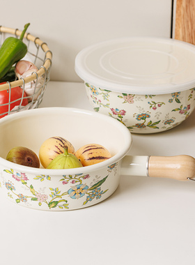 韩风 搪瓷雪平锅日式20cm大号珐琅煮奶锅带手柄婴儿辅食锅食品级